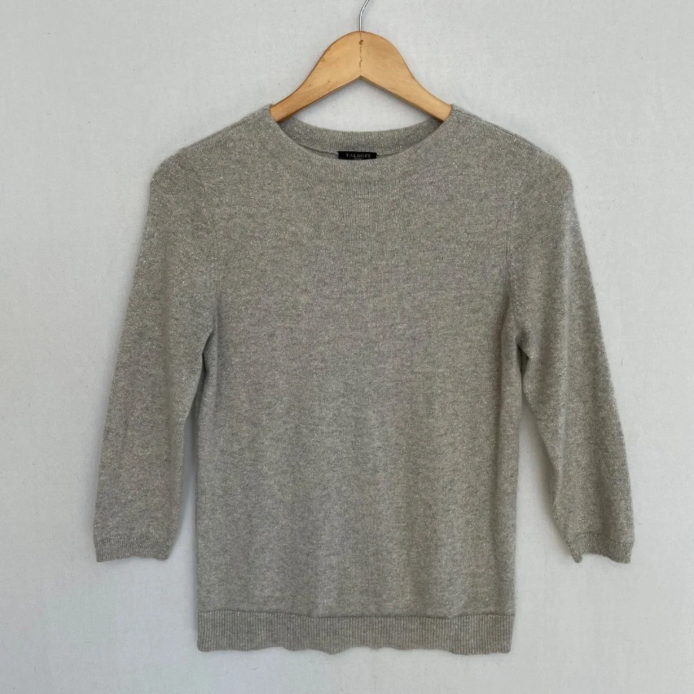 TALBOTS Women's Petite Small Gray Cashmere Silver Sparkle Crew Neck Sweater
